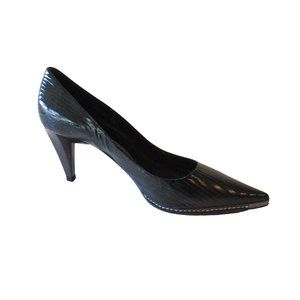 *Miss Barker of England Black Rippled Patent Leather Pumps Pointed Toe